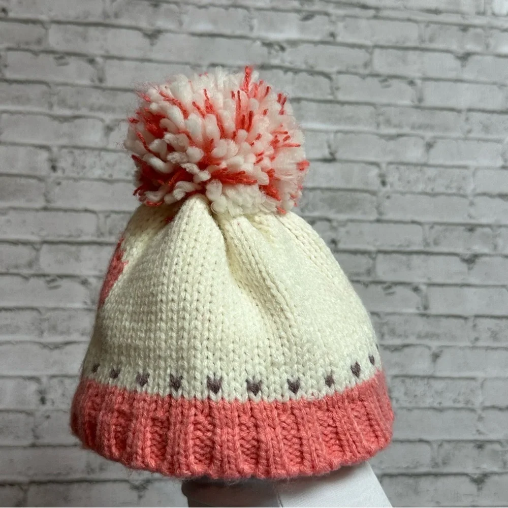 Knit Lined Winter Toddler Hat Pink Heart Pom Pom Toboggan Beanie 9.5